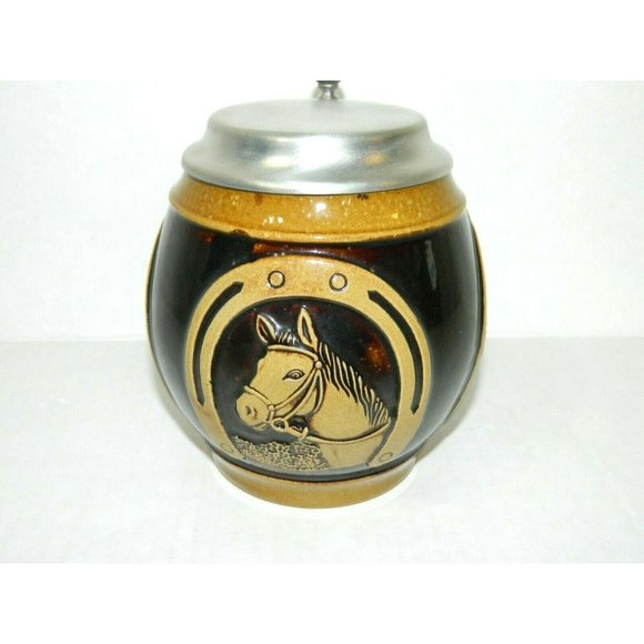 Vintage Gerzit Mug Stein Pewter Lid Horse Racing Shoe W Germany 5.25" Brown - Picture 3 of 5